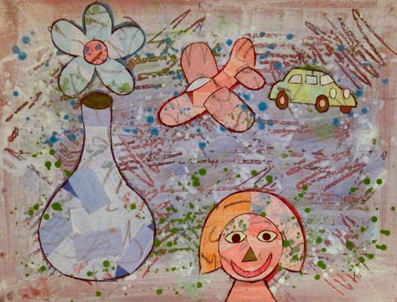 A painting of a girl with flowers and cars.
