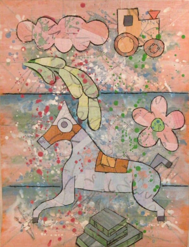 A painting of a dog holding an umbrella.