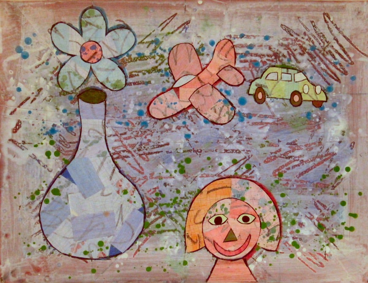 A painting of a girl with flowers and cars.