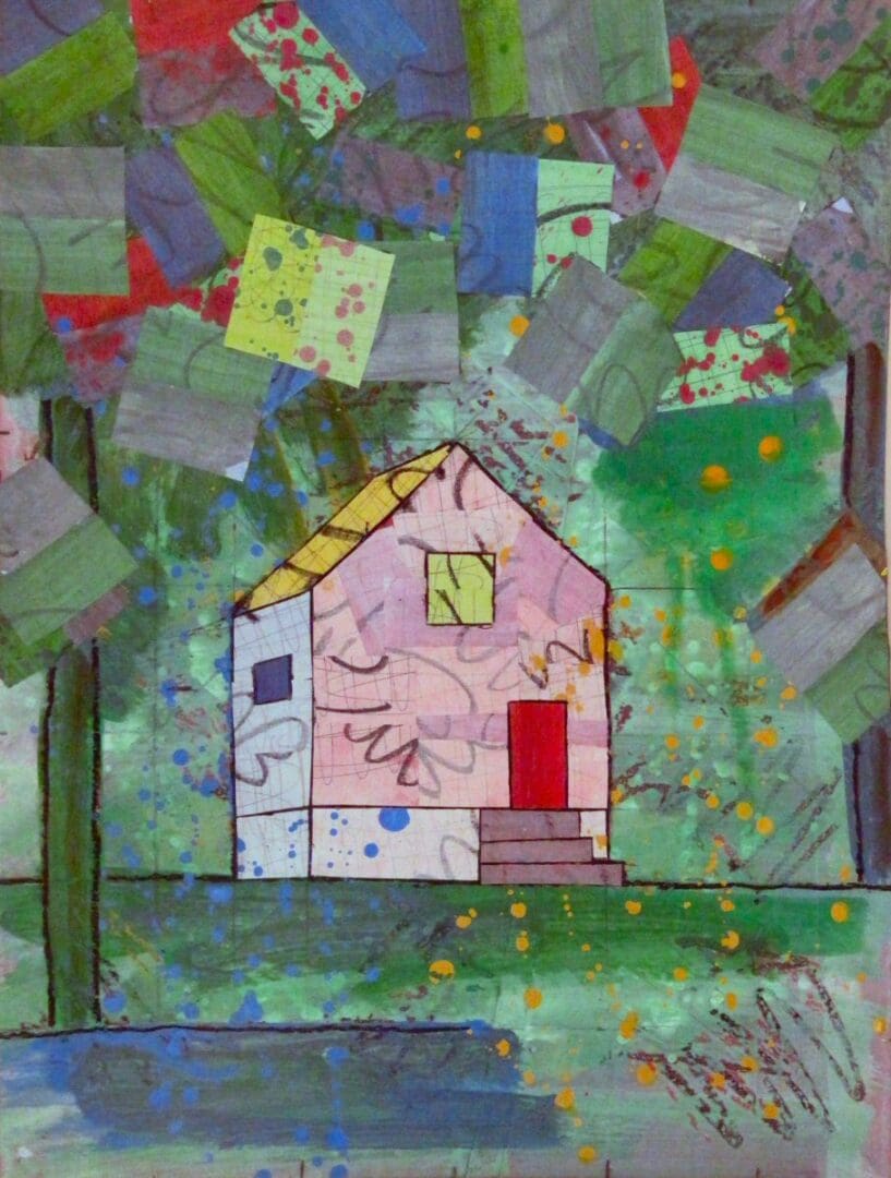 A painting of a house with many papers on it