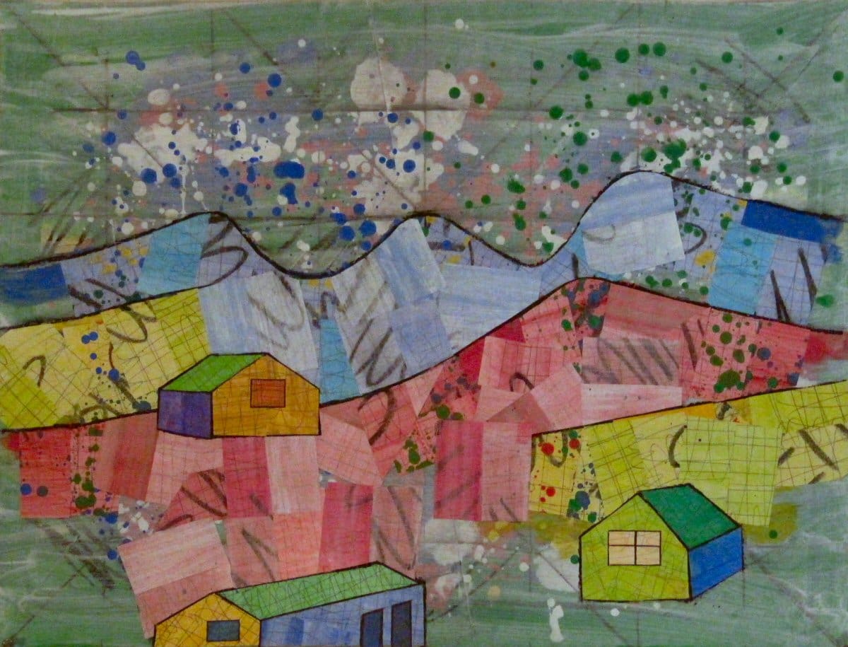 A painting of houses and mountains with colorful paper.