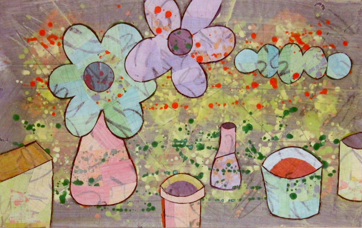 A painting of flowers and a vase with a bottle