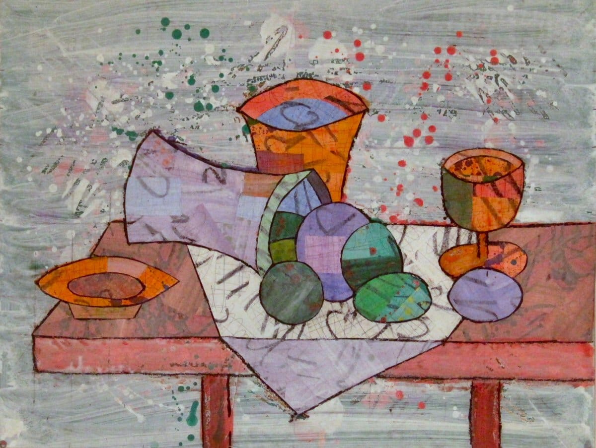 A painting of a table with bowls and cups