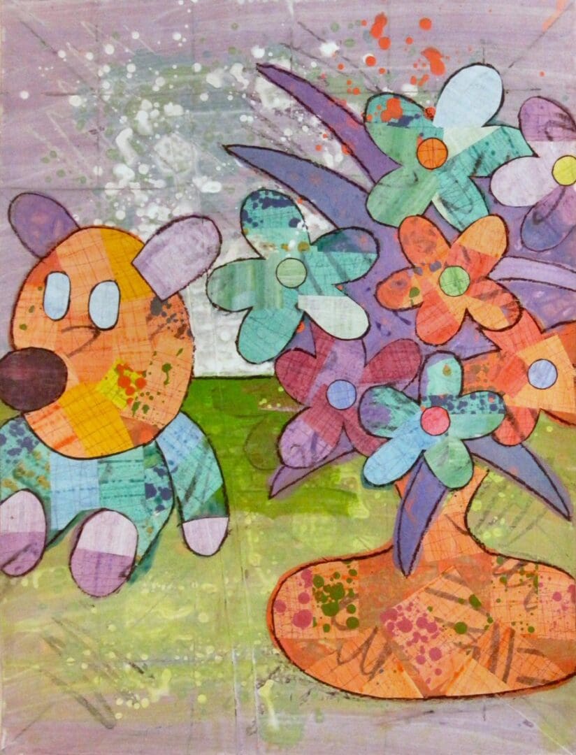 A painting of flowers and teddy bears in a vase.