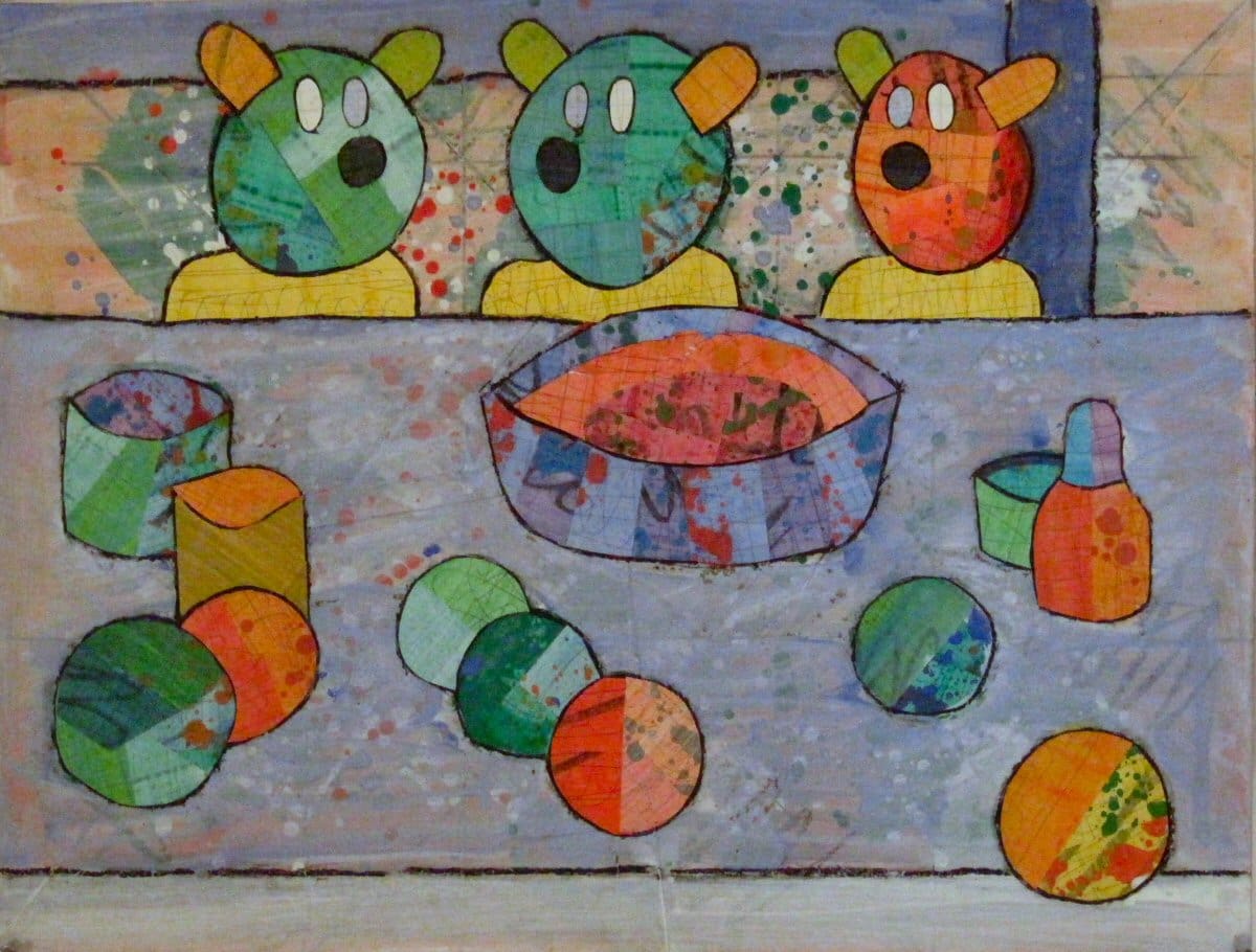 A painting of three bears and some balls