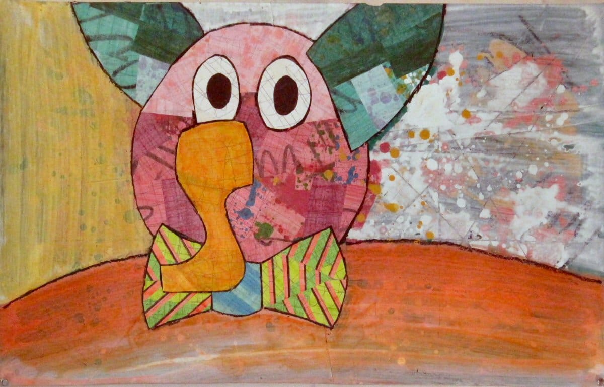 A pink bird with green eyes and yellow beak.