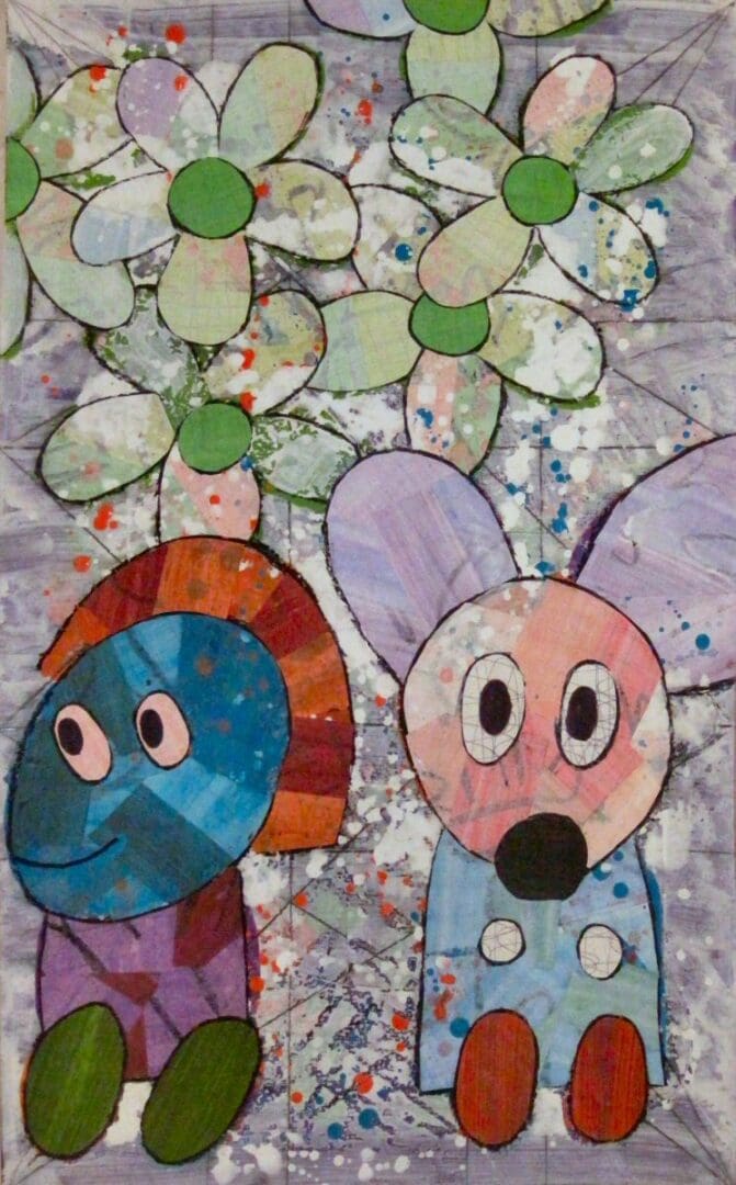 A painting of two cartoon characters with one of the character 's face missing.