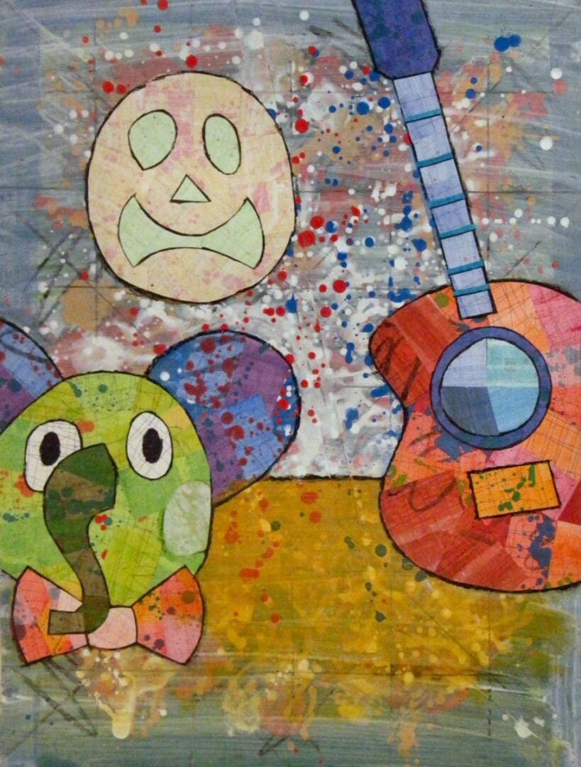 A painting of an elephant, guitar and smiley face.