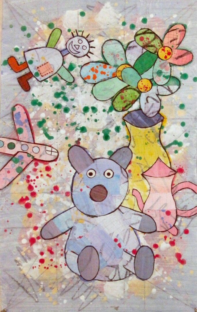 A painting of a teddy bear and other toys.