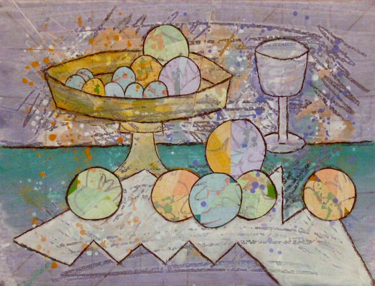 A painting of fruit and a glass on the table.