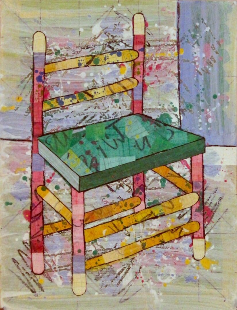 A painting of a chair with graffiti on it.