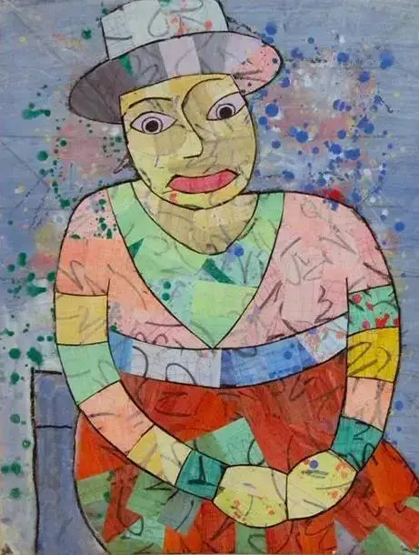 A mosaic of a woman with a hat on.